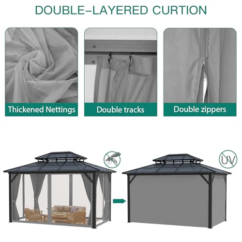 Agrestem 10X13 FT Outdoor Polycarbonate Hardtop Gazebo with Netting and Sunshade Curtains, Grey