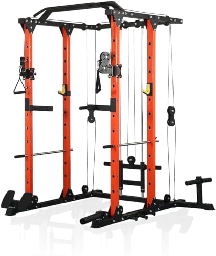 REDAEL Versatile Power Cage with LAT Pulldown, Weight Storage, and Optional Bench Orange+Black