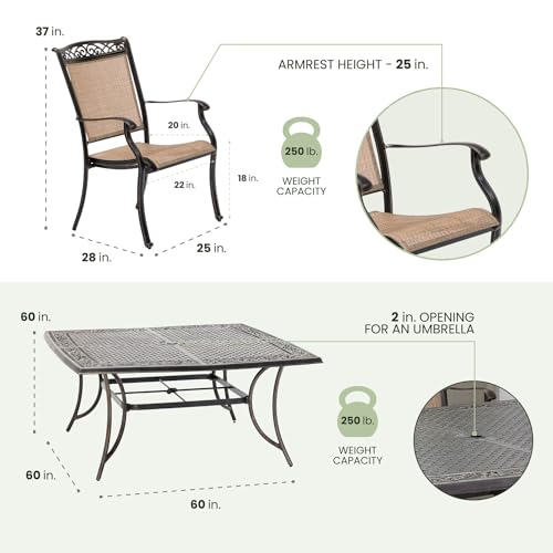 Hanover Fontana 9-Piece Outdoor Patio Dining Set with 60'' Cast-Top Table and 8 Sling Swivel Rocker Chairs Tan