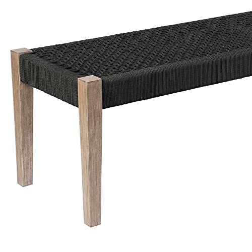 Armen Living Camino Indoor Outdoor Dining Bench Eucalyptus Wood Charcoal Rope Charcoal