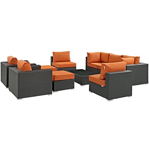 Modway Sojourn Wicker Rattan 10 Piece Outdoor Patio Sectional Set Canvas Tuscan