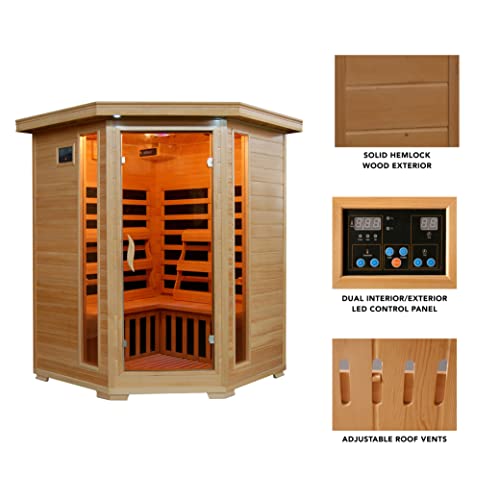 Blue Wave 3-Person Hemlock Corner Infrared Sauna w/ 7 Carbon Heaters Brown