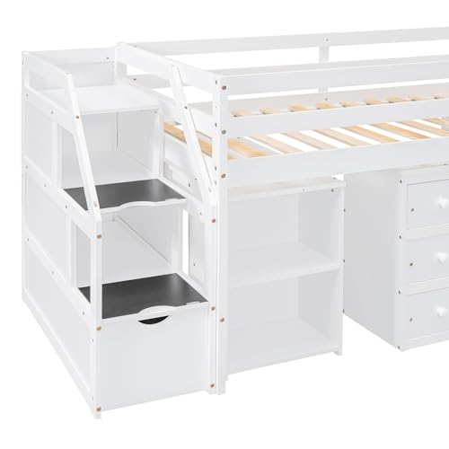 RORIGAT Twin Size Loft Bed with Desk, Storage Stairs & Shelves, White