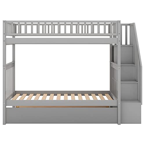 Merax Twin Over Twin Bunk Beds with Staircase and Trundle Grey