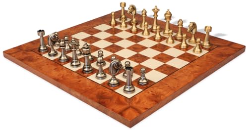The Chess Store Classic Persian Staunton Solid Brass Chess Set with Elm Burl Board