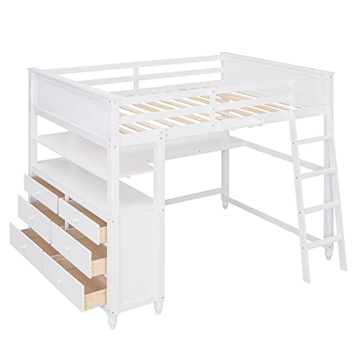 Harper & Bright Designs Full Size Loft Bed with Desk and Storage Drawers White