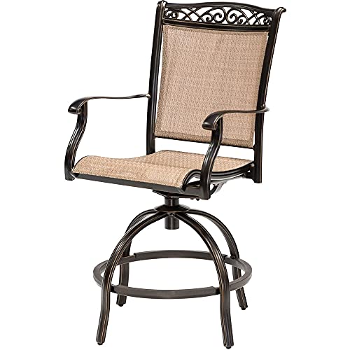 Hanover Fontana 7-Piece Outdoor High-Dining Patio Set with 6 Sling Swivel Chairs and Round Table, Tan/Bronze