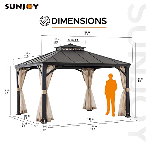 Sunjoy Hardtop Gazebo 11x13 ft Outdoor Patio Black Aluminum Frame Double Tiered with Mesh Netting