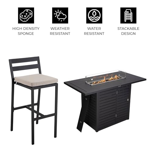 LeisureMod Chelsea Collection Aluminum Outdoor Dining Set with Fire Pit Table and 6 Bar Chairs Beige