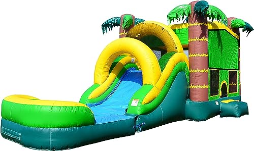 JumpOrange Commercial Inflatable Tropical Aloha Bounce House with Slide and Blower Aloha Tropical Mega 5-in-1 Wet/Dry Combo