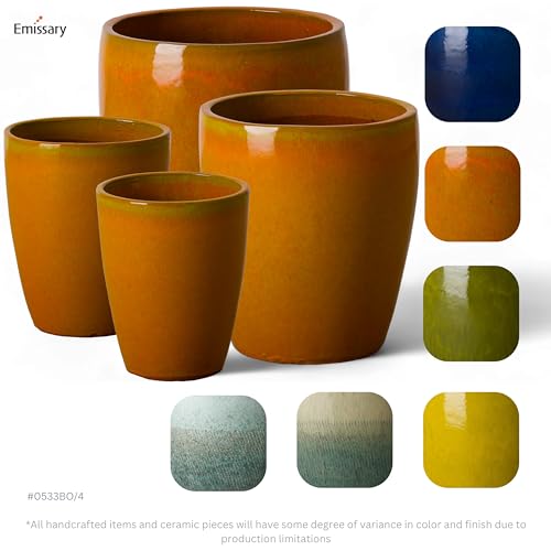 Emissary Bright Orange Ceramic Round Planters Set of 4 with Drainage Holes (12in., 14in., 15.5in., 21in.)