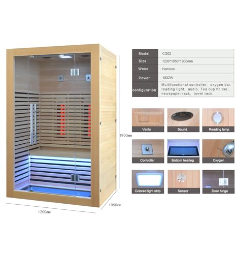 Kang Share Infrared Sauna Room 2 to 3 Person 1832W Low EMF + Carbon Plate Heater Indoor Dry Sauna, Home Spa Sauna, Wooden Canadian Hemlock KS-CG02