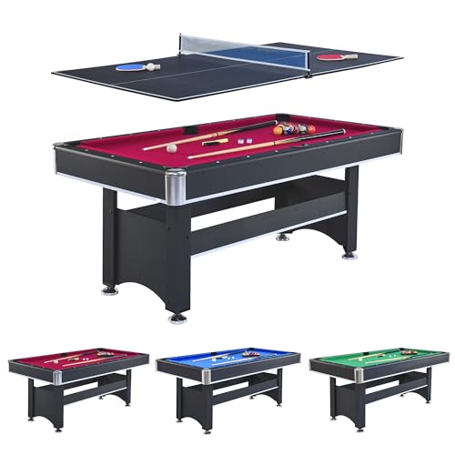 Zyerch 6-ft Pool Table with Table Tennis Top, Portable Billiards Table for Kids - Red with Black Felt