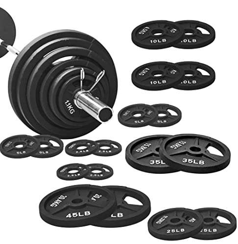Signature Fitness Cast Iron Olympic Weight Plates & Barbell Set 325LB with Barbell
