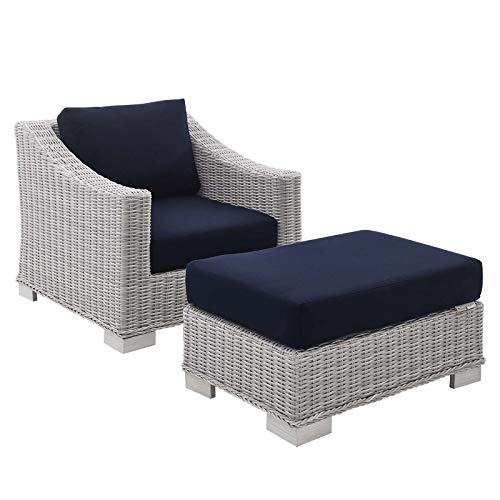 Modway Conway Sunbrella Outdoor Patio Wicker Rattan 2-Piece Armchair and Ottoman Set Light Gray Navy