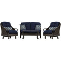 Hanover Ventura Outdoor 4-Piece Patio Furniture Set with Loveseat, 2 Rocking Chairs, Navy Cushions and Ceramic Tile Coffee Table Navy