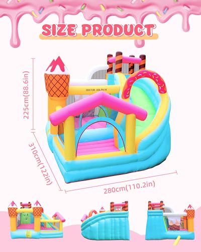 Doctor Dolphin Inflatable Bounce House Ice Cream Doughnut Party with Blower, Slide & Ball Pool Pink and Yellow
