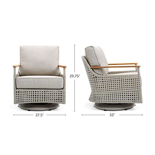 Winston August Swivel Glider Lounge Chair Natural Teak Wood Driftwood Grid Weave Sunbrella Cast Ash Fabric