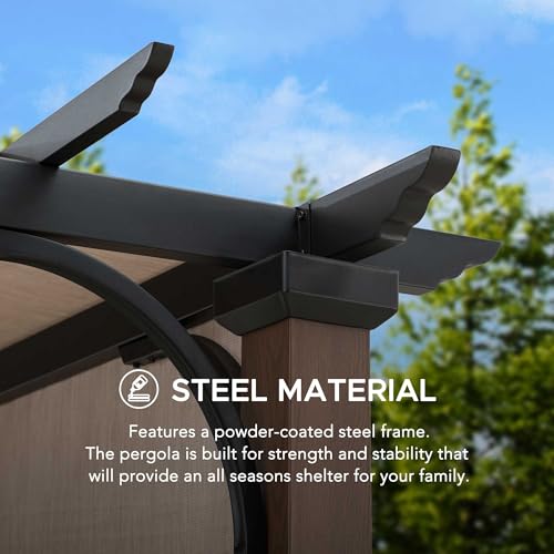Sunjoy Outdoor Pergola 11x11 ft Black Steel with Retractable Tan Sun Shade Canopy