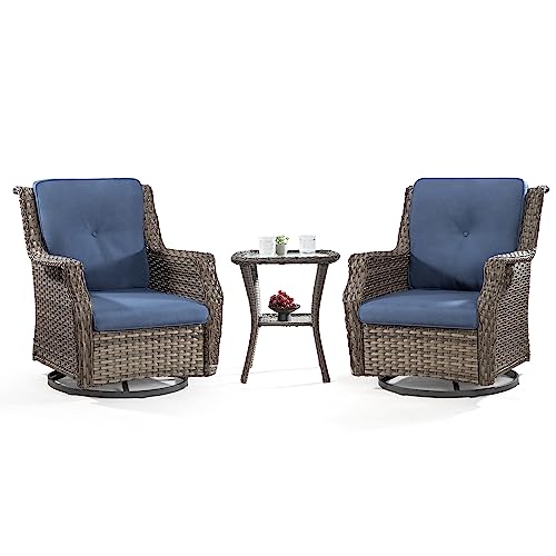 MeetLeisure 3-Piece Patio Bistro Set with Swivel Rocker Chairs and Glass Side Table Mixed Grey/Blue