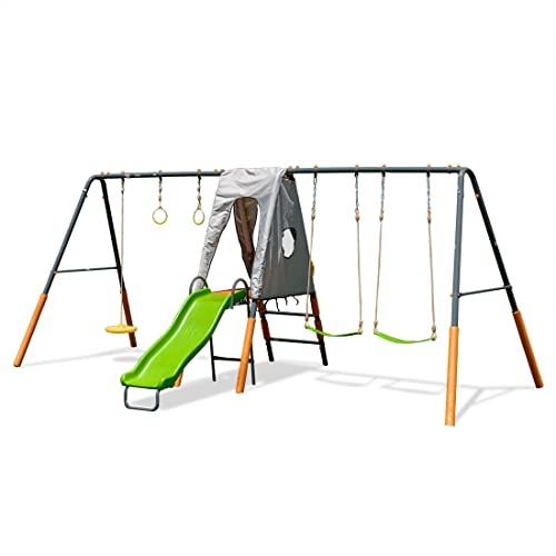 Jungle Warrior Jaguar Metal Swing Set with Slide & Gymnastic Rings Orange/Green/Grey