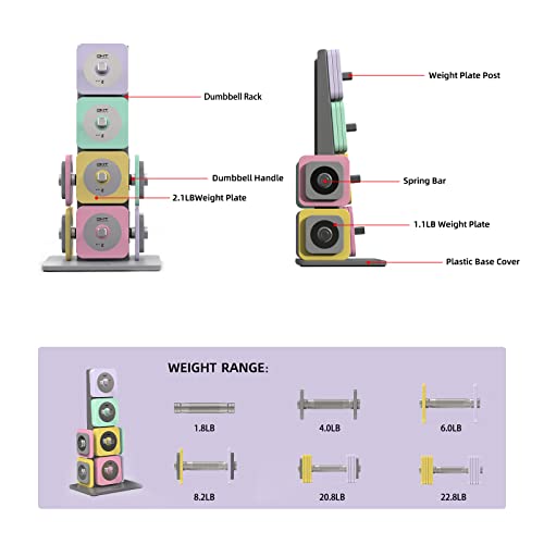 DHT DYNAMIC HEALTH TECH Adjustable Dumbbells Set with Rack, All-Purpose Fitness, Anti-Rolling, 4-22.8 lbs Macaron - 1 set