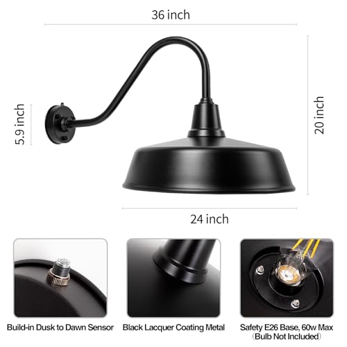METOJIA Outdoor Gooseneck Barn Light - 24 Inch Black Farmhouse Wall Sconce with Dusk to Dawn Sensor (2 PCS)