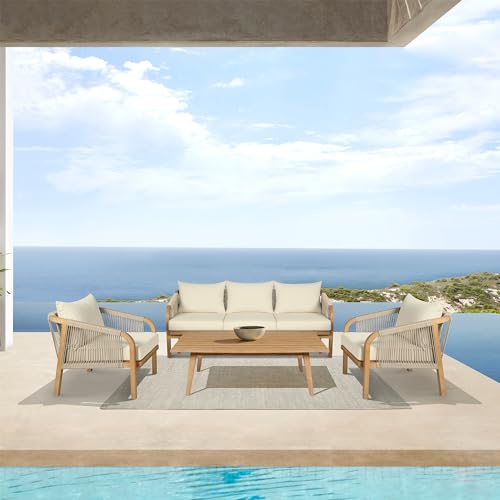 Armen Living Cypress Modern Outdoor Patio Conversation Set, 4 Piece Ivory