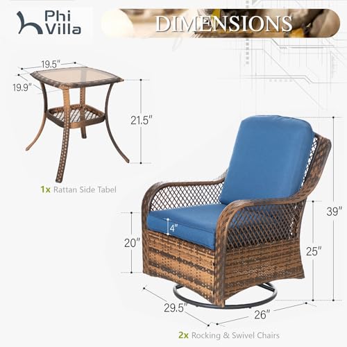 PHI VILLA Oversized Outdoor Swivel Rocker Chairs Set 3 Piece Navy Blue