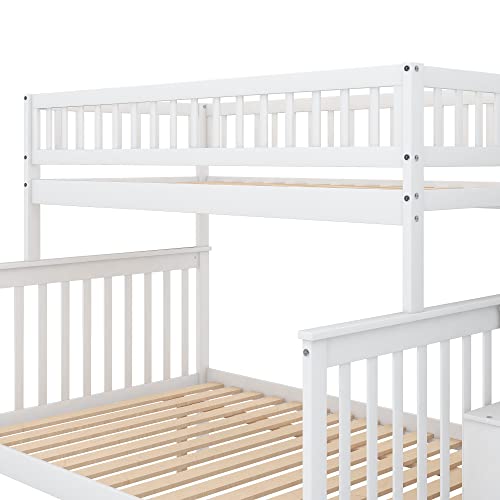 BOVZA Wooden Twin Over Full Bunk Bed with Trundle & Storage Staircase White
