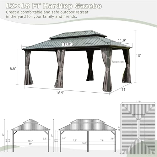 LOPOO Hardtop Gazebo Durable Aluminum Metal Structure with Double Roof Canopy Gray