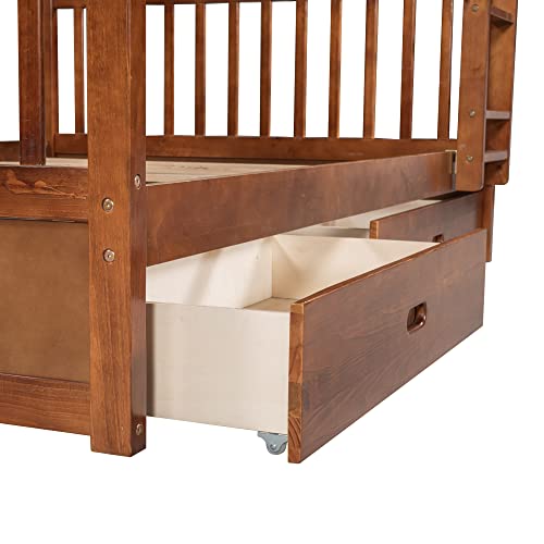 Jintop Full-Over-Full Bunk Bed with Ladders & Storage Drawers Walnut