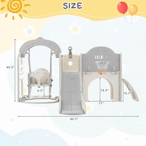 Miscoos 7-in-1 Toddler Playset with Slide, Swing & Basketball Hoop Gray+White