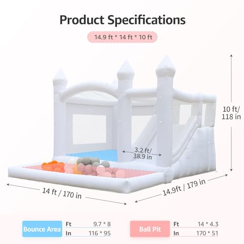 POYOUNGHU White Bounce House with Slide & Ball Pit 15FTx13FT Inflatable for Kids Party