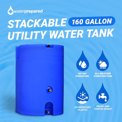 WaterPrepared 160 Gallon Stackable Utility Water Tank with Large Cap and 2 Spigots Blue