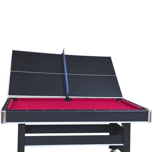 Yoptote 6ft Mid-Size Pool Table with Table Tennis Top and Accessories Black+Red
