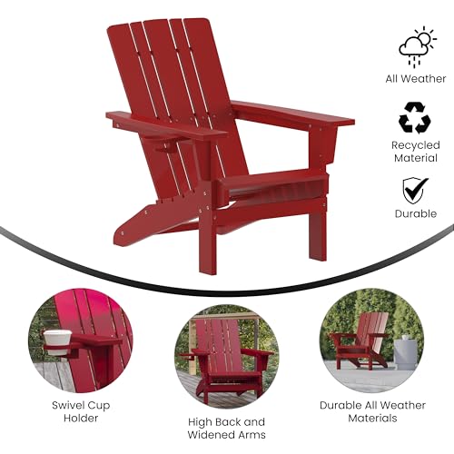BizChair Adirondack Chairs Set of 4 with Cup Holders, Weather Resistant Poly Resin Red