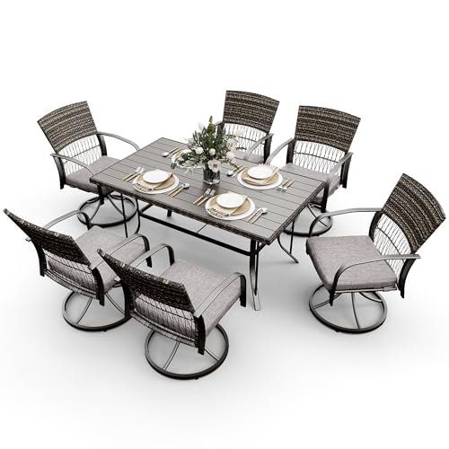 Pamapic 7 Piece Patio Dining Set for 6 with Swivel Rocker Chairs and Iron Slats Table Top Grey