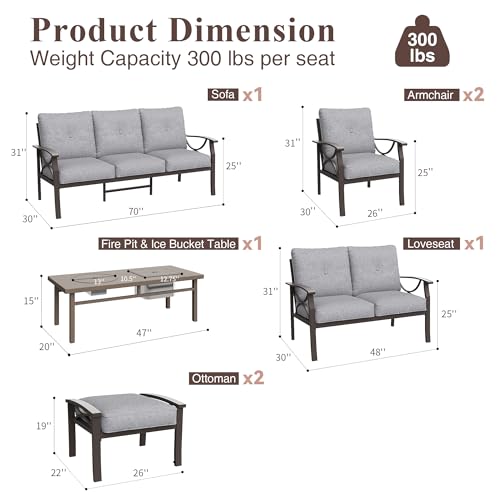 RoyalCraft 7-Piece Outdoor Patio Furniture Set with Fire Table and Ottomans Grey