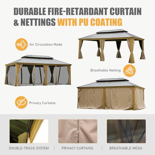 MATONELL 14x20FT Hardtop Gazebo Permanent Metal with Aluminum Frame Brown