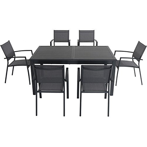 Hanover Cameron 7-Piece Modern Outdoor Dining Set with 6 Folding Sling Chairs and Expandable Table, Grey