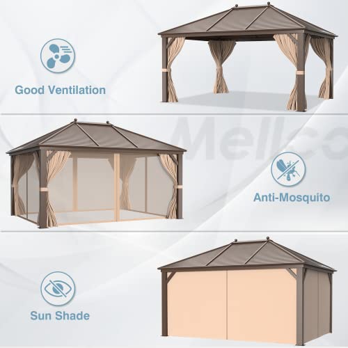 MELLCOM 10'x13' Hardtop Gazebo with Netting and Curtains Dark Brown