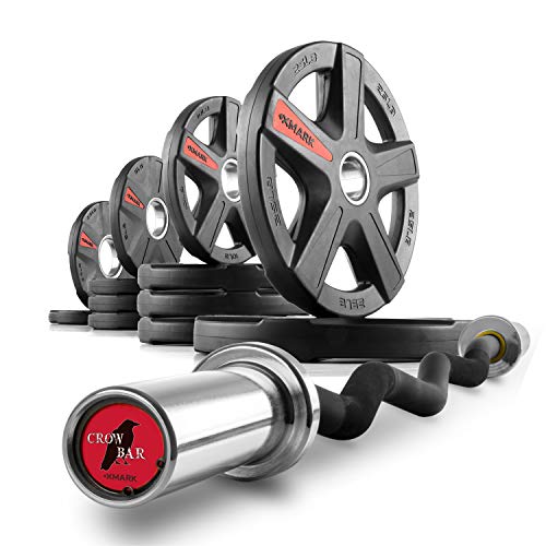 XMark Olympic Bar Curl Bar with Weights Offer and TEXAS STAR Olympic Weight Plates 115 lb Set Black