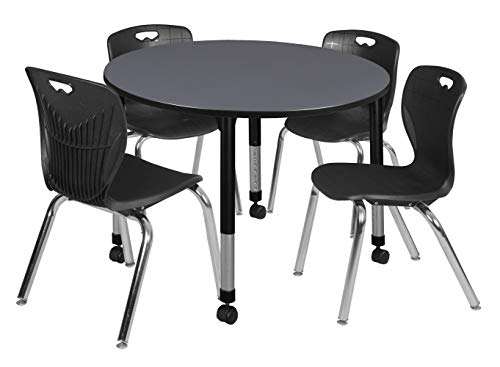 Regency Kee Height Adjustable Mobile Classroom Table Set with Four 18" Andy Chairs, 48" Grey/Black