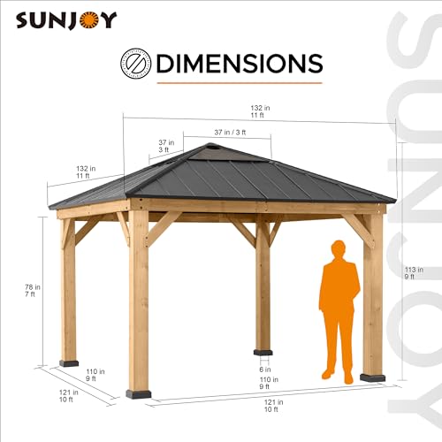Sunjoy Hardtop Gazebo 11x11 ft Cedar Frame Black Steel Polycarbonate Roof Black + Natural Wood