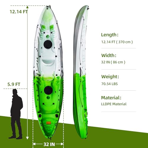 ProMaintain 12.4FT Sit on Top Fishing Kayak for 2-3 Adults with Paddle & Seat, 600LBS Capacity, Green White