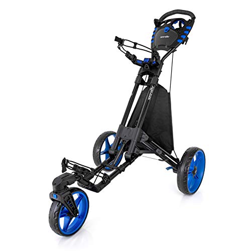SereneLife 3 Wheel Golf Push Cart - Lightweight Folding Walking Push Cart Roller Golf Bag Holder with Brake, Bracket, and Storage - Assorted