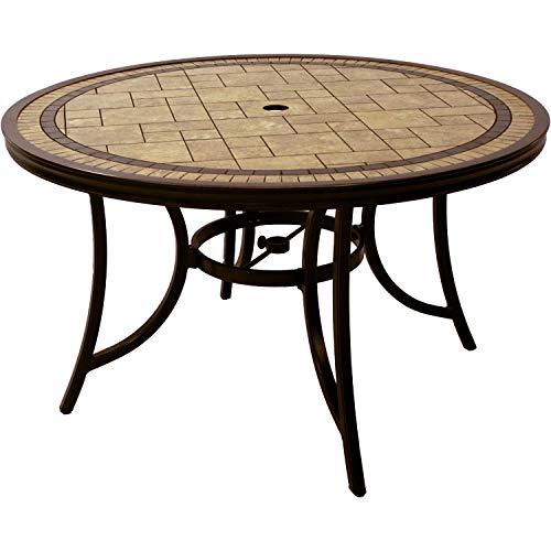 Hanover Fontana 5-Piece Outdoor Dining Set with 4 Sling Swivel Rocker Chairs and 51" Round Tile-Top Table Tan