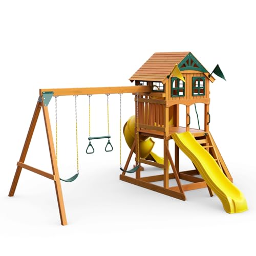 Gorilla Playsets Wood Swing Set with Roof & Tube Slide Amber
