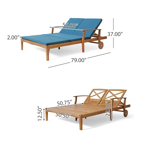 Benzara Hoye Double Chaise Lounger Recliner Bed Outdoor 79 Inch Teak Brown and Green